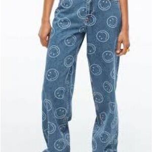 Vigoss Blue Smiley Face High Rise Slim Fit Wide-Leg Jeans size 14